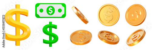 3d set dollar sign, icon, cash, coins. Money, currency, cash. Stock vector illustration on isolated background.