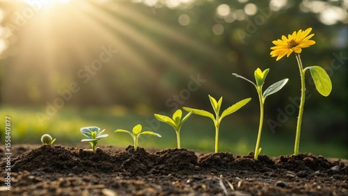 Five young plants in various stages of growth with a yellow flower seedling sprout