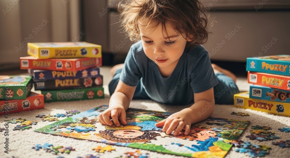 Fototapeta premium Caucasian young child enjoying a puzzle on the floor surrounded by colorful puzzle boxes