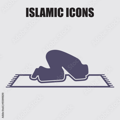 Islamic Iconography: Minimalist silhouette of a figure in prayer, prostrating on a prayer mat against a neutral backdrop, symbolizing faith and devotion.