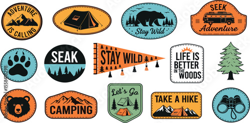 Outdoor adventure badge set featuring camping quotes and forest illustrations. Perfect for t-shirt designs, stickers, travel gear, or hiking-themed merchandise
