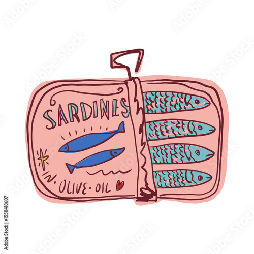 Whimsical Tinned Goods Can Of Sardines Canned Fish Food Colorful Seafood Illustration Vector Clip-art, Positive Vibe Artwork For T Shirt Print, Poster, Sticker And Other Uses