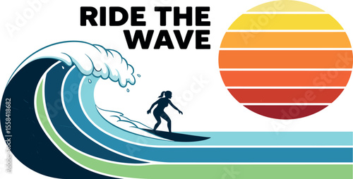 Retro surf vector graphic. Surfer silhouette riding a wave with a stylized sunset and Ride the Wave text