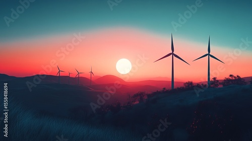 Sunset over a wind farm, silhouettes of turbines against a vibrant sky. Rolling hills and vegetation