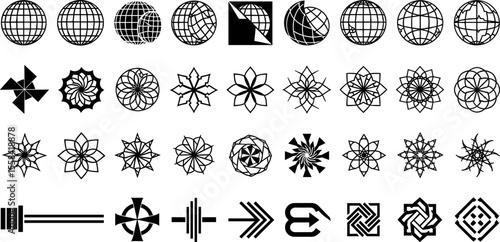 Retro-futuristic Y2K vector shape set with abstract icons, globes, stars, grids, and tech-inspired elements. Perfect for digital prints, posters, and streetwear graphics