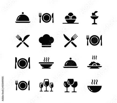 Food icons set, plate, fork, knife and spoon, set logotype menu, cutlery icon, tableware sign, catering icons, restaurant signs