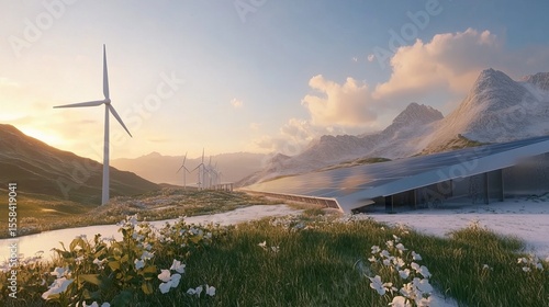 Sustainable mountaintop energy facility with solar panels and wind turbines, nestled in a scenic alpine landscape during sunset