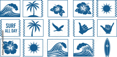 Seamless vector pattern featuring surf culture elements such as waves, palm trees, hibiscus flowers, suns, surfboards, shaka signs, and a surf van. Perfect for beach-themed designs and apparel