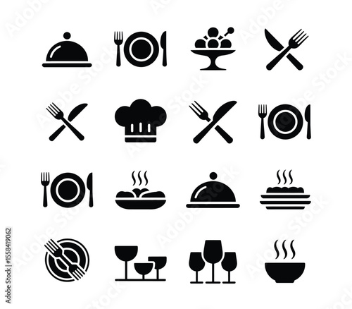 Food icons set, plate, fork, knife and spoon, set logotype menu, cutlery icon, tableware sign, catering icons, restaurant signs