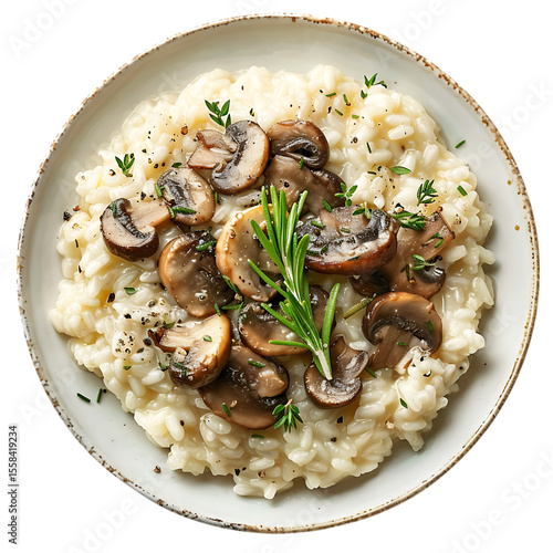 Creamy mushroom risotto garnished with fresh rosemary and thyme isolated on transparent background