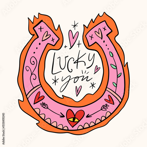 Cowgirl western art groovy boho hippie coquette aesthetic. Pink horseshoe with Lucky text lettering. Hand drawn line coloring art vector illustration clipart. Bohemian postmodern funky psychedelic