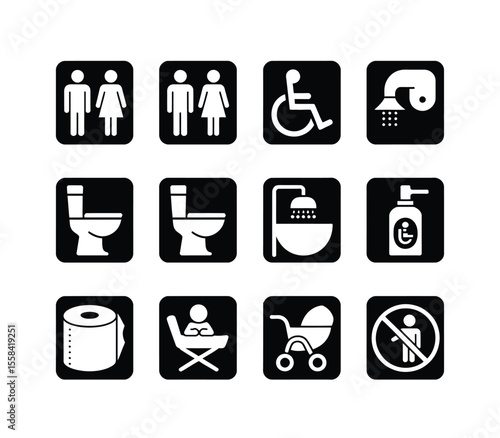Toilet icons set, common male female restroom, handicap wheelchair access, sanitizer liquid soap, WC direction, baby changing table room, toilet signs, WC signs collection 