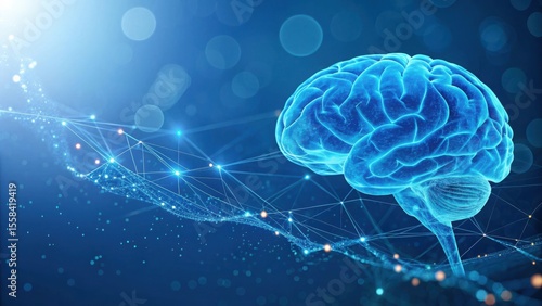 Luminous blue human brain with glowing neural network connections and bokeh mind cognition