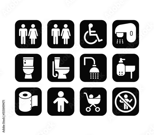 Toilet icons set, common male female restroom, handicap wheelchair access, sanitizer liquid soap, WC direction, baby changing table room, toilet signs, WC signs collection 