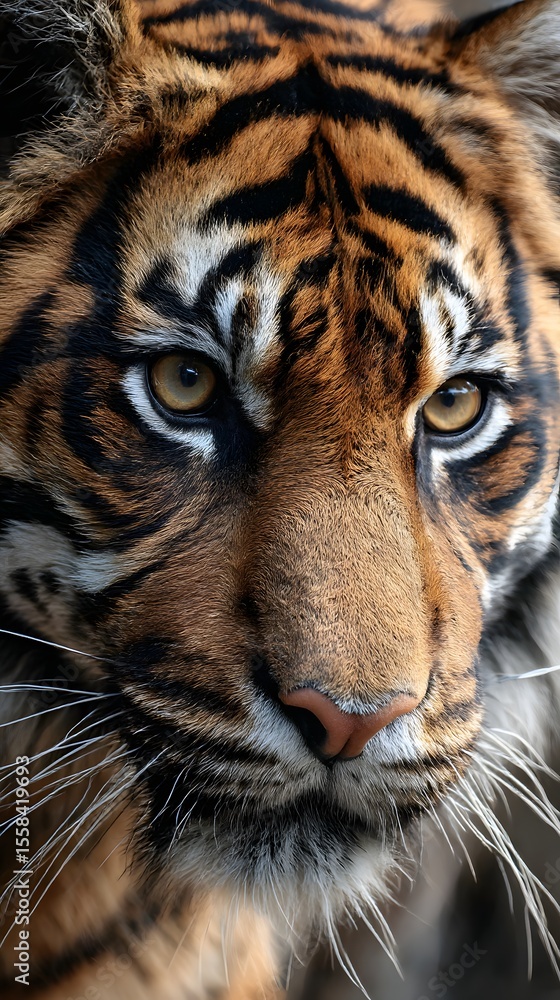 Fototapeta premium A powerful Siberian tiger with striking black stripes and piercing eyes, a dangerous wildcat predator, its face a captivating portrait of feline nature