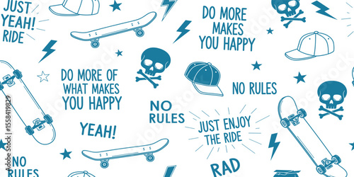 Skateboard seamless pattern. Skate background. Skateboarding doodle illustration. Vector illustration. Seamless pattern with cartoon skull, skateboard, hat etc