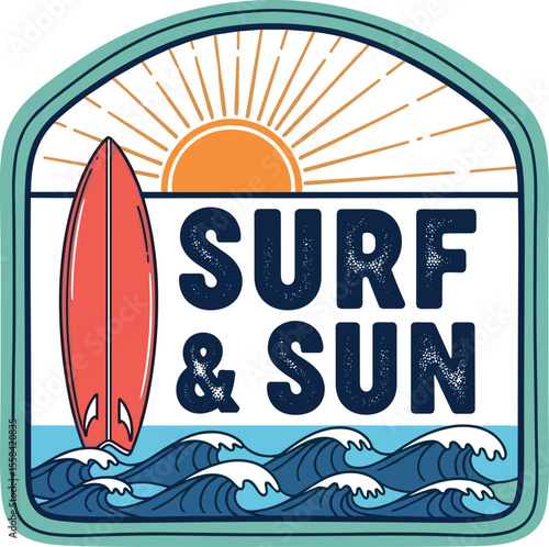 Vector graphic with waves, sun, surfboard, and the phrase Surf & Sun in retro colorway. Ideal for t-shirt print, posters, and stickers.