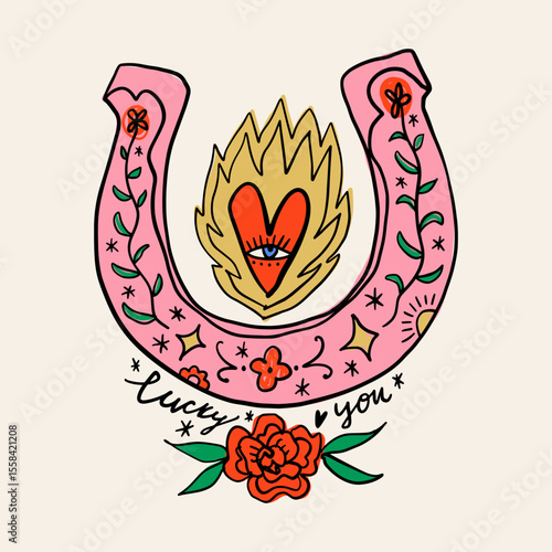 Cowgirl western art groovy boho hippie coquette aesthetic. Pink horseshoe with Lucky text lettering. Hand drawn line coloring art vector illustration clipart. Bohemian postmodern funky psychedelic