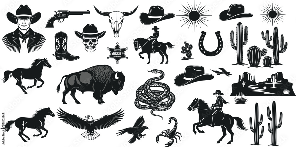 Fototapeta premium Vector set contains black Western-themed icons, including cowboys, horses, desert landscapes, cacti,, skulls, boots, and stars