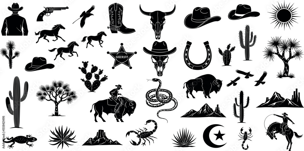 Fototapeta premium Vector set contains Western-themed icons, including cowboys, horses, desert landscapes, cacti,, skulls, boots, and stars