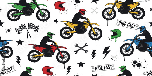 Vector motocross seamless pattern. Dirt bike cartoon repeat pattern
