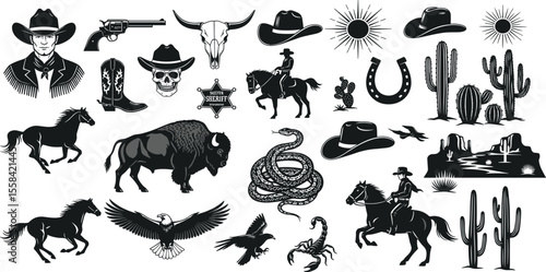 Vector set contains  black Western-themed icons, including cowboys, horses, desert landscapes, cacti,, skulls, boots, and stars