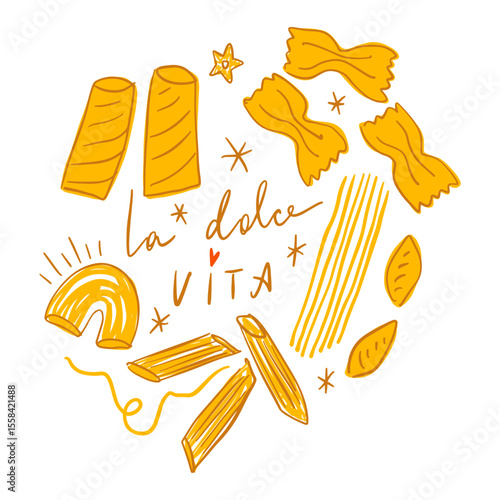 Pasta types food La Dolce Vita funny Italian lettering. Italy mediterranean coast doodle hand drawn vector, summer cafe or restaurant vector artwork for t shirt, menu, graphic typography, hand written