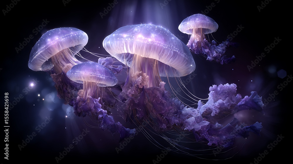 Fototapeta premium Neon Jellyfish swim at dark