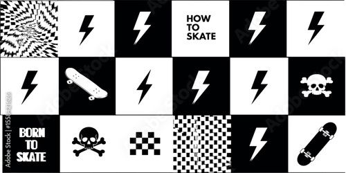 Vector skateboard seamless pattern. Checkered Skate background texture. Skateboarding doodle illustration. Vector seamless repeat pattern.