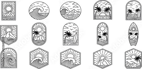 Vector surf theme line art badge designs. For t-shirt prints, posters, stickers and other uses.
