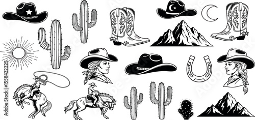 Vintage cowgirl riding and roping horses, perfect for Western-themed designs