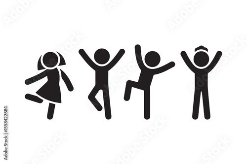 Four happy children dance joyfully, isolated on white background