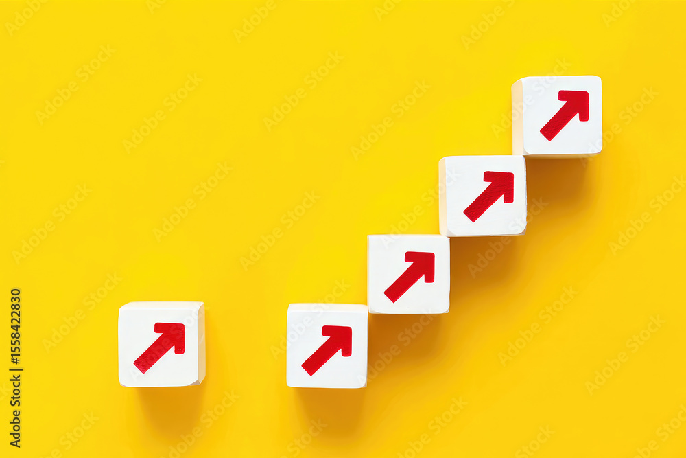Optimistic Growth Concept with Upward Trending Arrows on White Blocks Against a Bright Yellow Background Symbolizing Progress, Success, and Positive Development Optimistic Growth Concept with Upward Trending Arrows on White Blocks Against a Bright Yellow Background Symbolizing Progress, Success, and Positive Development