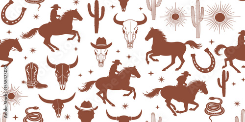 Western Themed Cowboy, Cowgirl Seamless Pattern. Cactus, Cowboy Seamless Repeat Design. Boho Seamless Pattern