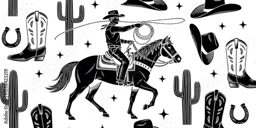 Western Themed Vector Seamless Pattern. Cactus, Cowboy Seamless Repeat Design. Boho Seamless Pattern