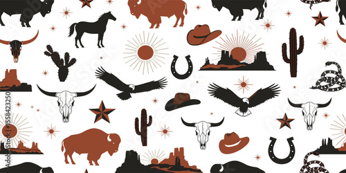 Western Themed Vector Seamless Pattern. Cactus, Cowboy Seamless Repeat Design. Boho Seamless Pattern