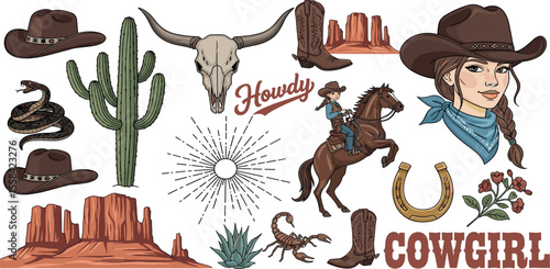 Western vector graphic set featuring cowgirls, horses, cacti, skulls, hats, boots, and Howdy & Cowgirl typography. Perfect for stickers, t-shirt designs, and other uses.