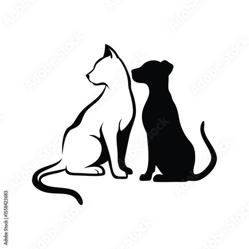 Charming black and white cat and dog silhouette, perfect for pet art, tattoos, or home decor. High-quality vector design with a heartwarming touch. Ideal for creative pet lovers