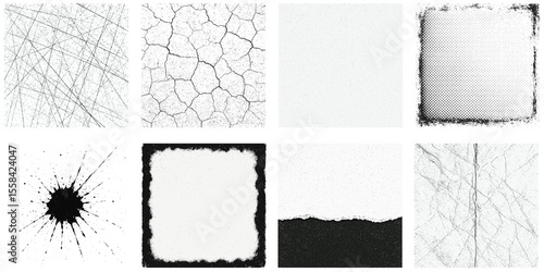 Grunge Texture Element Set – Black and White Crack, Scratch, Halftone, Splatter, Dust Overlay Vectors for Vintage Poster, T-Shirt, Retro Background, Abstract Noise and Distressed Design