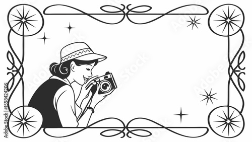 Woman with camera in decorative frame with starbursts and swirls design in black and white vintage style