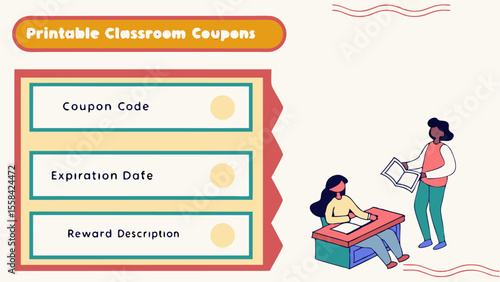 Illustration of printable classroom coupons with coupon code, expiration date, and reward description and students