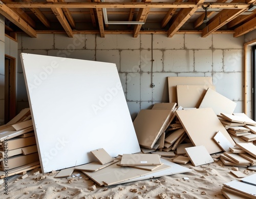 discarded drywall piles on a construction site floor, optimize for photo use with ample copy space on the left side of the image