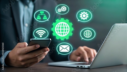 Wallpaper Mural Businessman Using Laptop and Smartphone with Digital Technology Icons Torontodigital.ca