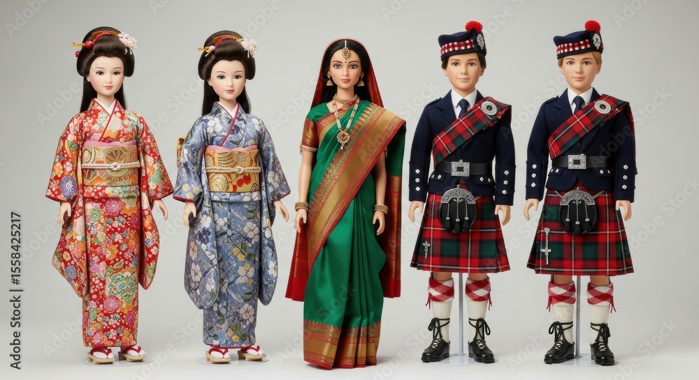 Fototapeta premium Cultural dolls in traditional attire representing japanese and scottish heritage