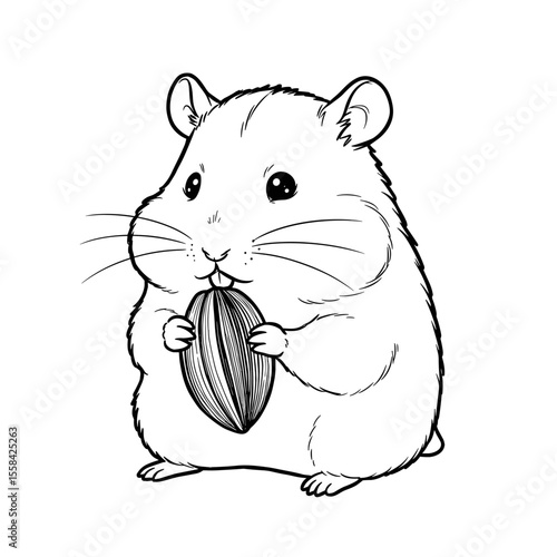 A detailed black-and-white illustration of a cute hamster sitting upright, holding a striped seed with both paws. It has round eyes, small ears, and visible whiskers, captured with fine texture lines.
