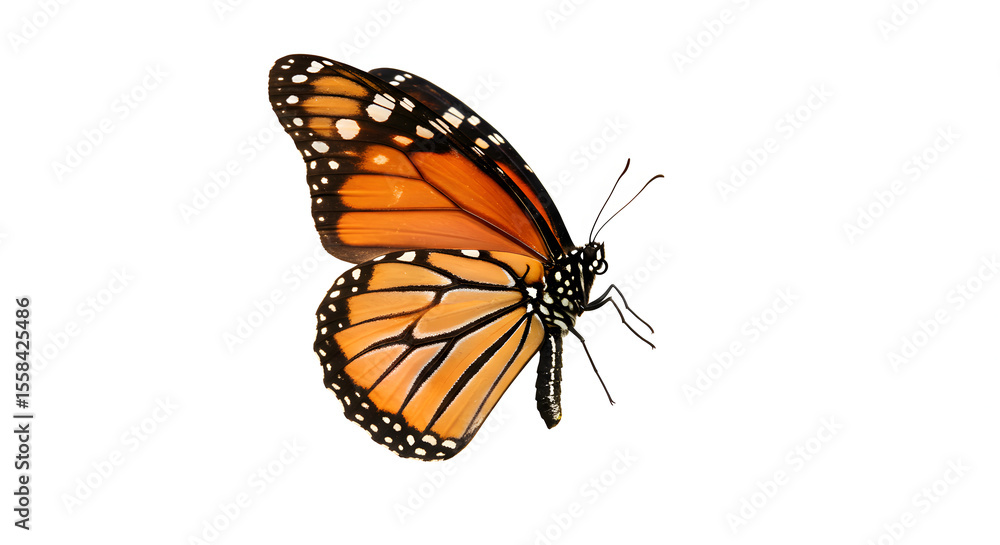 Obraz premium Monarch butterfly with vibrant orange wings, an exquisite insect, is beautifully isolated on a clean white background, showcasing its delicate summer beauty