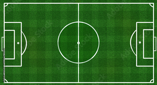 full size green soccer or football field green pitch cross design white center circle for kick off in stadium top down view background or banner relist 
