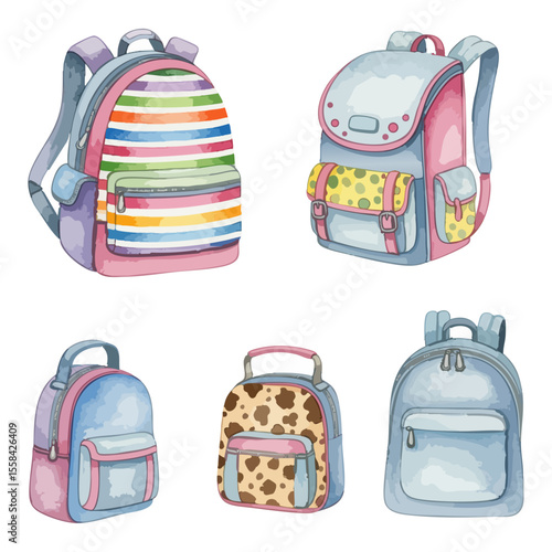 Different types of school bags (backpacks) isolated in a transparent PNG background – watercolour art