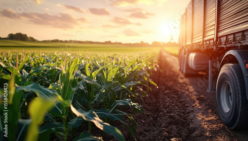 Sunset-lit truck hauling corn harvest along dusty rural road, golden crops framing agricultural landscape