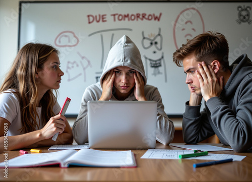Wallpaper Mural Focused students studying around a laptop with exam notes on a whiteboard in the background. Torontodigital.ca